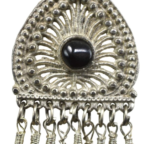 Long Necklace Large Pendant Black Stone Heavy Metal Made in India - Picture 4 of 5